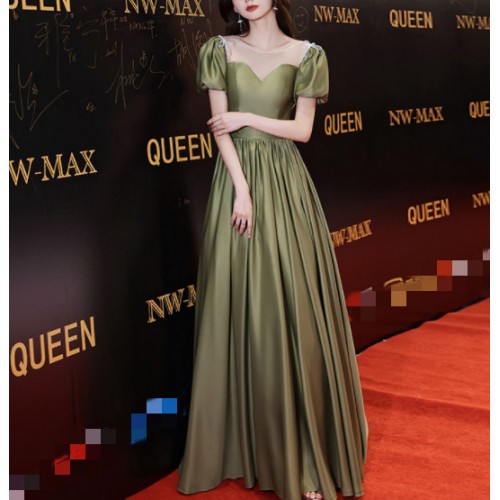 Pink green wine color evening dress for women girls Banquet cocktail party temperament host annual meeting satin catwalk dress birthday party celebration gown